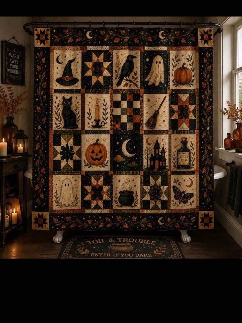 Halloween Patchwork Shower Curtain - Black Orange Cream Design